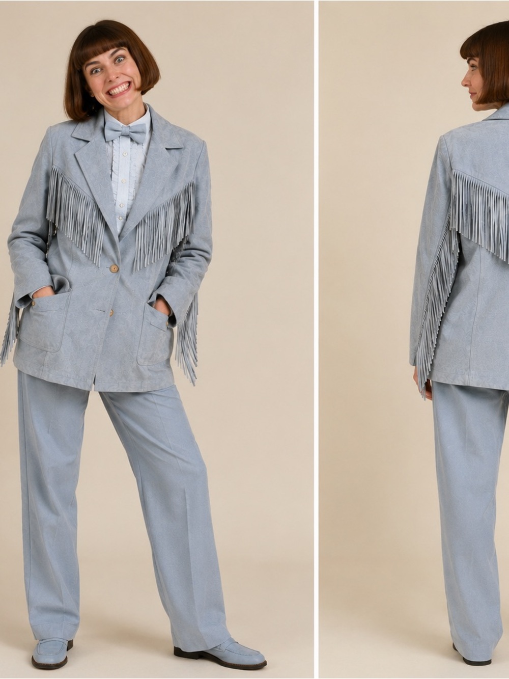 Together Blue Suede Leather Fringe Blazer Jacket